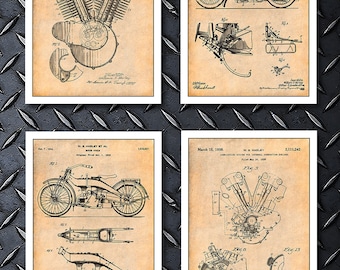 Harley Davidson Patent Prints Set Of 4, Harley Gift, Knucklehead, Motorcyclist Gift, Biker Gift, Motorcycle Art, Biker Art, Garage Art