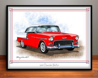 1955 Chevrolet BelAir Muscle Car Art Print, Vintage Chevrolet, Mechanic Gift, Boys Room, Garage Art, Automotive Art, Mancave Art, Car Art