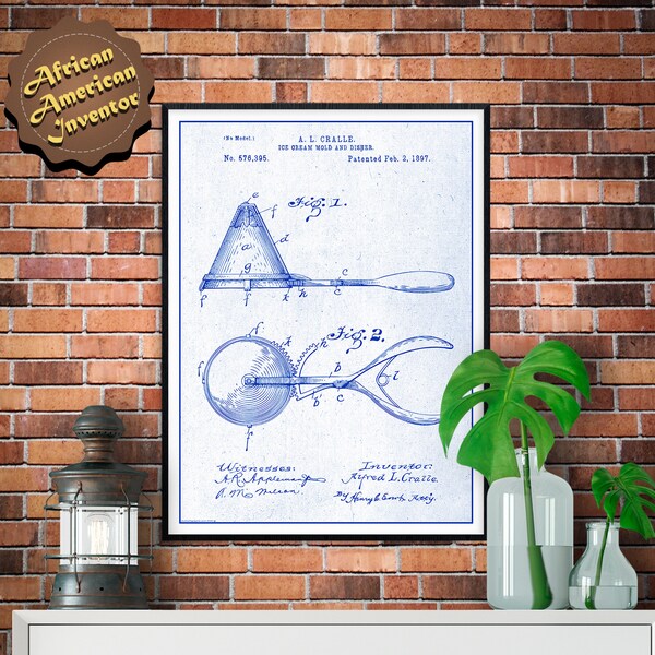 1897 Ice Cream Mold and Disher Patent Print, Ice Cream Scoop by African American Inventor