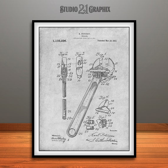 1915 Peterson Adjustable Wrench Patent Print Art Drawing Poster 18X24