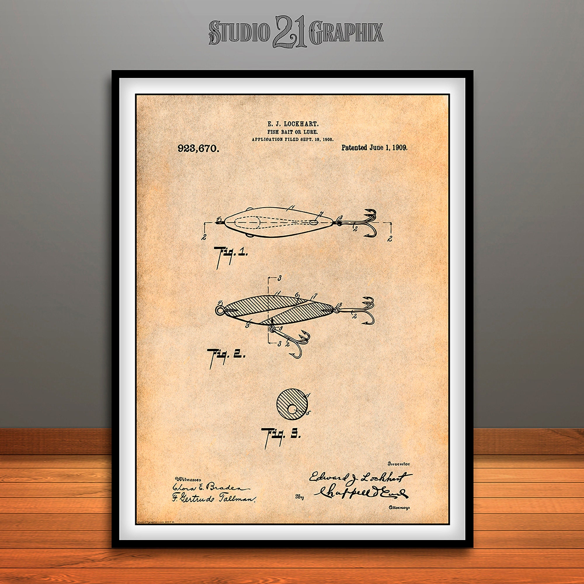 1909 Lockhart Antique Fishing Lure Patent Print, Fisherman Gift