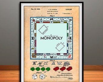 1935 MONOPOLY Patent Print Colorized, Board Game Poster, Game Board Patent, Monopoly Print, Monopoly Art, Monopoly Wall Art, Board Game