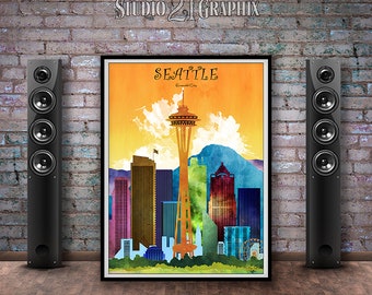Seattle in Living Color, Washington Art Print, Wall Art, Travel decor, Watercolor, Emerald City, Gift, l Evergreen Art, Queen Cityscape