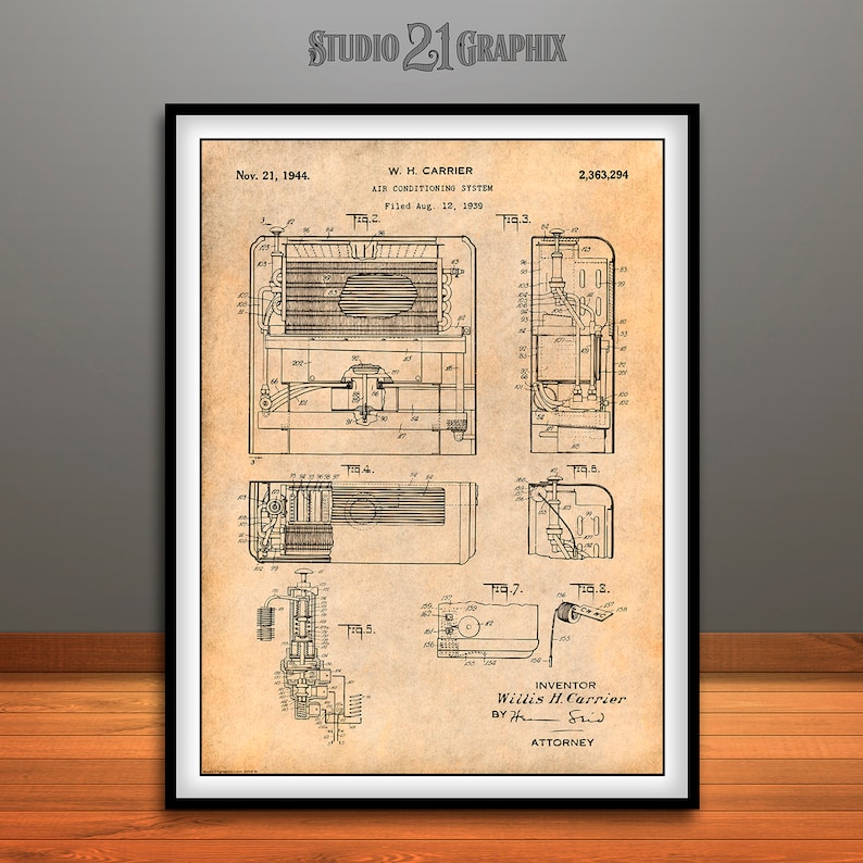 1939 Carrier Air Conditioning System Patent Print Art Drawing Poster 18X24