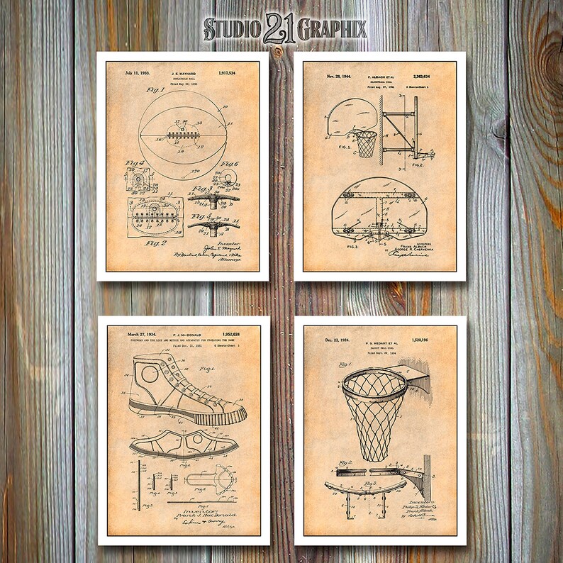 NBA Basketball Set Of 4 Patent Prints Basketball Coach Gift Basketball Art Hoops Decor Basketball Player Gift Boys Room Decor