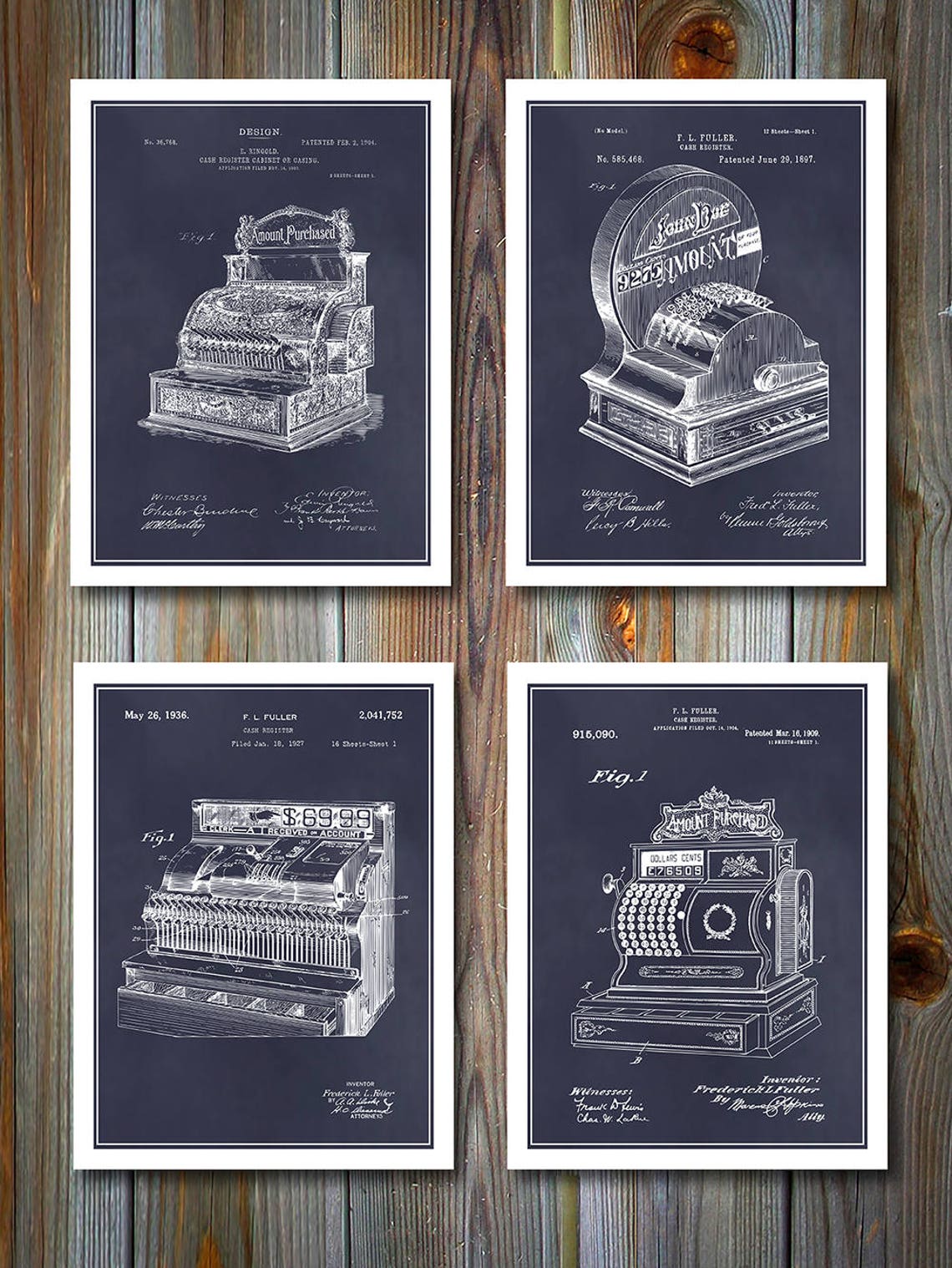 Cash Register Set of 4 Patent Prints Cashier Gift Office | Etsy