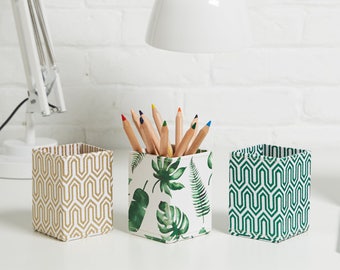 Recycled Tropical or Geometric Print Pen Pot - covered in beautiful hand made Cotton Paper