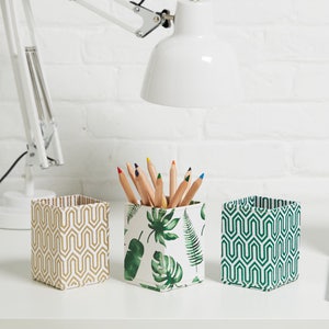 Recycled Tropical or Geometric Print Pen Pot - covered in beautiful hand made Cotton Paper