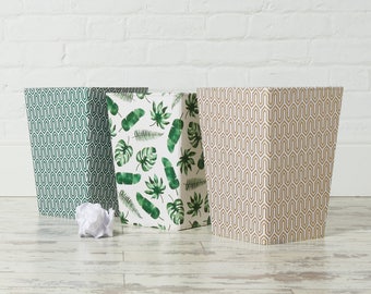 Recycled Tropical or Geometric Waste Paper Bin - covered in beautiful hand made Cotton Paper