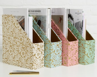 Recycled Gold Floral Magazine File Holder - covered in beautiful hand made Cotton Paper