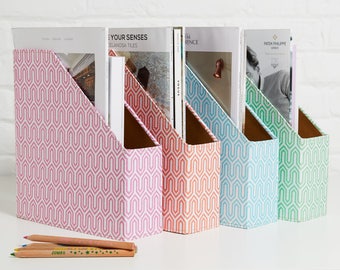 100% recycled pastel graphic geometric magazine file holder - covered in beautiful handmade Cotton Paper