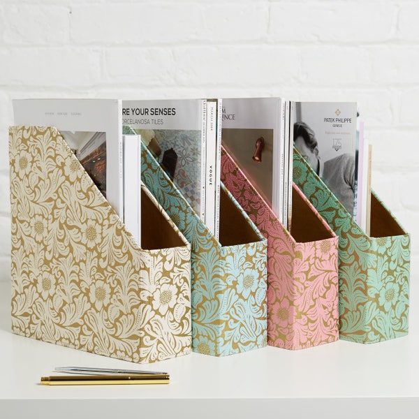 Recycled Gold Floral Magazine File Holder - covered in beautiful hand made Cotton Paper