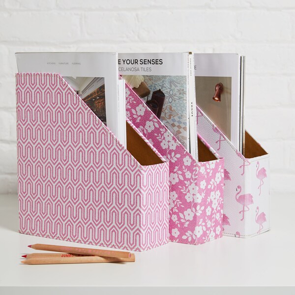 Recycled Pretty in Pink Designs Magazine File Holder - covered in beautiful hand made Cotton Paper