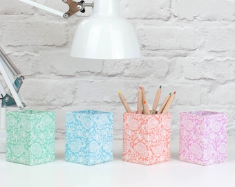 100% recycled pastel paisley print pen pot - covered in beautiful handmade Cotton Paper