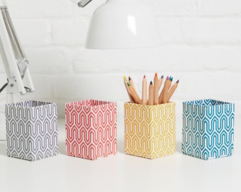 Recycled Geometric Print Pen Pot - covered in beautiful hand made Cotton Paper