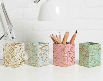 Recycled Gold Floral Pen Pot - covered in beautiful hand made Cotton Paper