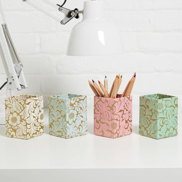 Recycled Gold Floral Pen Pot - covered in beautiful hand made Cotton Paper