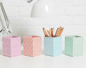 100% recycled pastel graphic geometric print pen pot - covered in beautiful handmade Cotton Paper