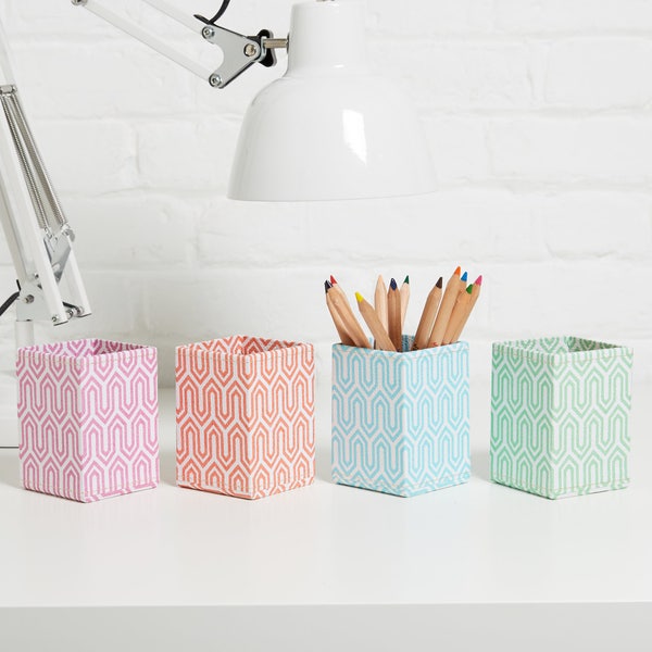 100% recycled pastel graphic geometric print pen pot - covered in beautiful handmade Cotton Paper