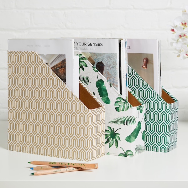Recycled Tropical or Geometric Magazine File Holder - covered in beautiful hand made Cotton Paper