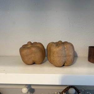May include: Two beige, pumpkin-shaped decorative objects sit on a white shelf. The pumpkins have a textured surface and a small stem at the top. The background is a neutral wall, suggesting a fall or harvest theme.