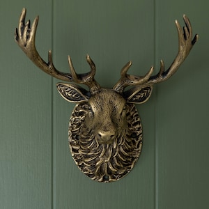 Highland Stag Door Knocker for front door | Polished Solid Brass Knockers Strike Plate | Composite | Front Door Furniture Brass bee