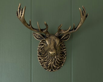 Highland Stag Door Knocker for front door | Polished Solid Brass Knockers Strike Plate | Composite | Front Door Furniture Brass bee