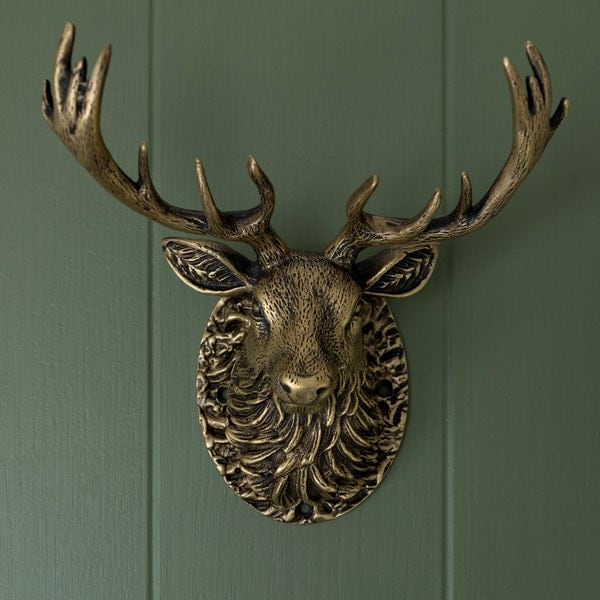 Highland Stag Door Heurtoir pour porte d’entrée | Plaque de frappe en laiton massif poli | Composites | Meuble de porte d'entrée Abeille en laiton