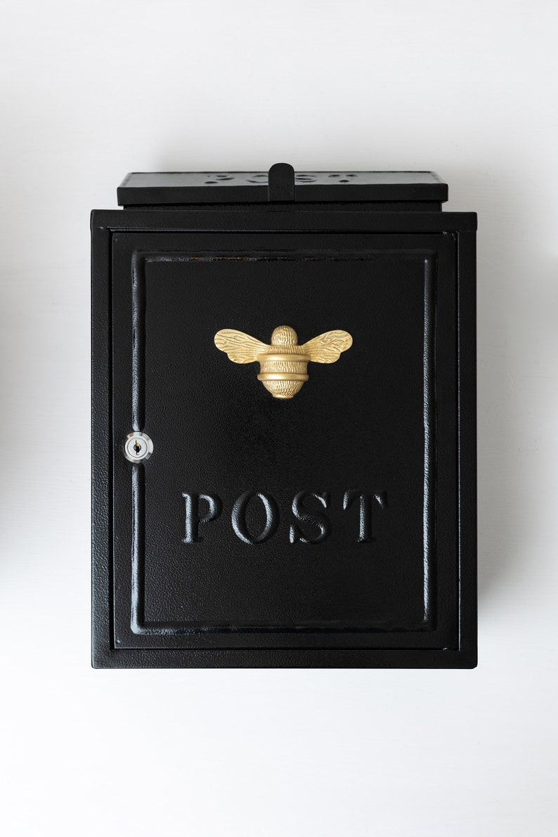 Brass bee Wall Mounted Post Box Mail Box with Bee Design Black and Gold Lockable Post Box with 2 Sets of Keys Brass bee image 8