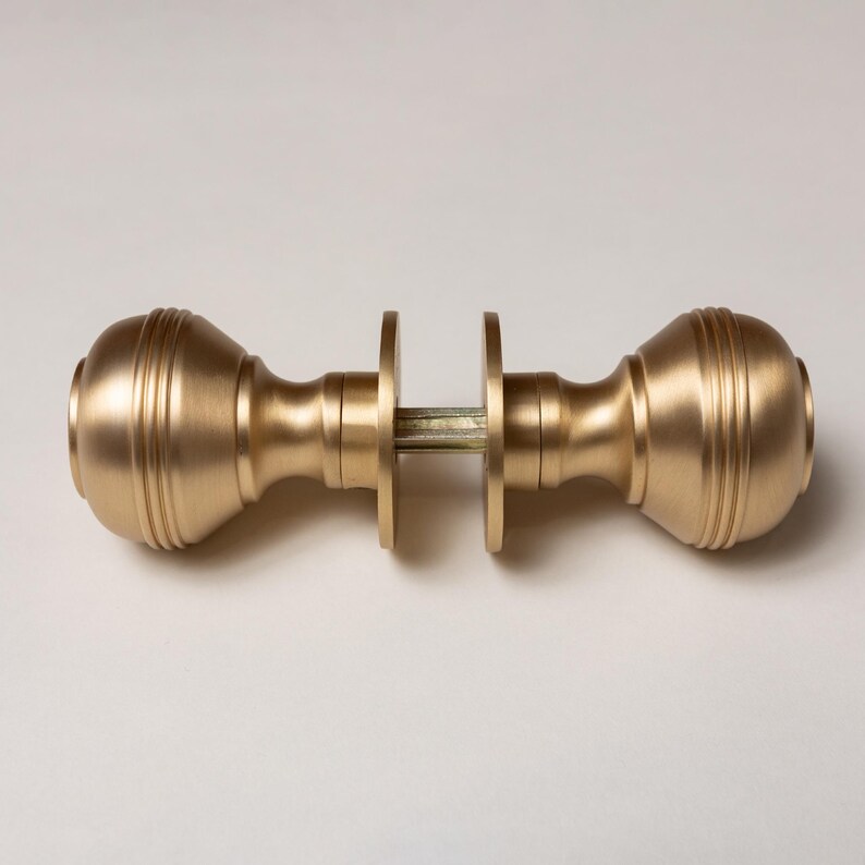 Set of 2 Solid Brass Door Knobs - Ringed Satin Brass | Brass and Mortice Rim Lock Handles | Sold as Pair Brass Door Knobs Brass bee