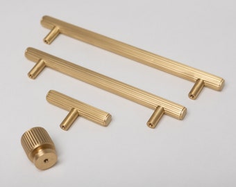 Solid Brass Knurled Cabinet Handles & Knobs | Satin Brass Furniture Hardware