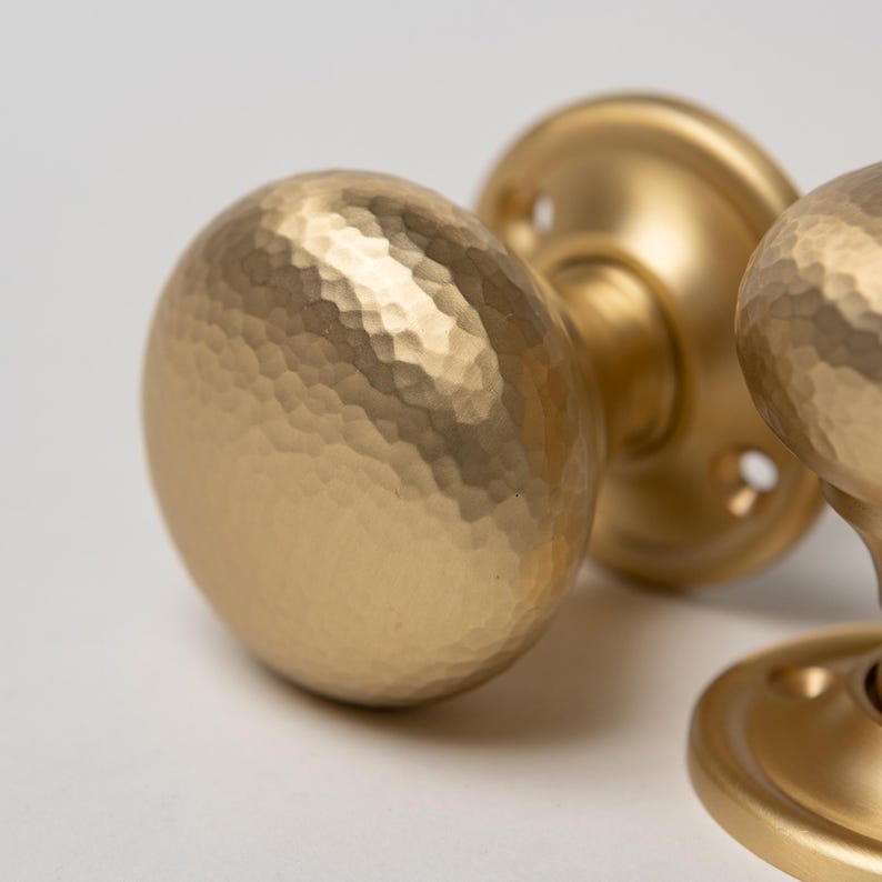 Set of 2 Solid Brass Door Knobs - Hammered Satin Brass | Brass and Mortice Rim Lock Handles | Sold as Pair Brass Door Knobs Brass bee