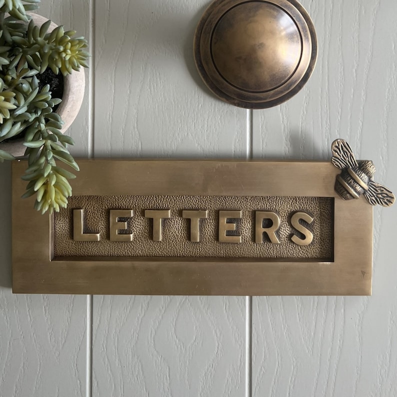 Brass bee Antique Brass Letter Plate - Unlacquered Brass with LETTERS Embossed with a Brass bee