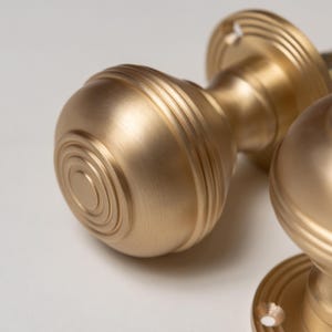 Set of 2 Solid Brass Door Knobs - Ringed Satin Brass | Brass and Mortice Rim Lock Handles | Sold as Pair Brass Door Knobs Brass bee