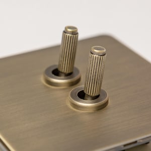 May include: A brushed brass light switch plate with two round toggle switches. Each switch has a knurled brass knob.