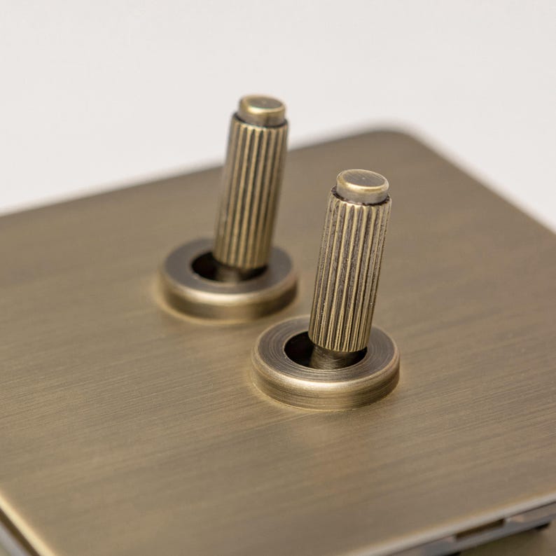 May include: A brushed brass light switch plate with two round toggle switches. Each switch has a knurled brass knob.
