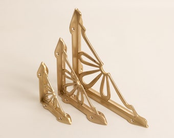 Satin Brass Flower Shelf Brackets | Heavy Duty Brackets for Kitchen bookshelf | Brass Shelving Heavy Solid Cast Brass Shelf Bracket