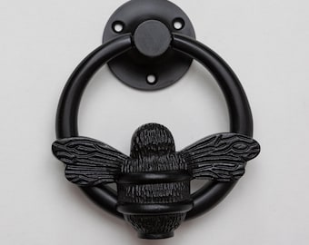 Black Bee Door Knocker | Solid Brass Ring, Front Door Furniture