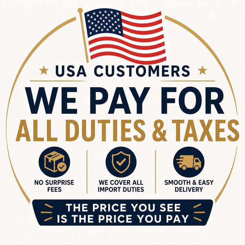 May include: A circular graphic featuring the American flag and the text USA CUSTOMERS WE PAY FOR ALL DUTIES & TAXES. Below are three icons representing a package, a shield, and a truck with the text NO SURPRISE FEES, WE COVER ALL IMPORT DUTIES, and SMOOTH & EASY DELIVERY. The bottom banner reads THE PRICE YOU SEE IS THE PRICE YOU PAY.