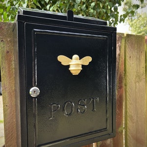 Brass bee Wall Mounted Post Box | Mail Box with Bee Design | Black and Gold Lockable Post Box with 2 Sets of Keys- Brass