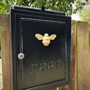 Brass bee Wall Mounted Post Box | Mail Box with Bee Design | Black and Gold Lockable Post Box with 2 Sets of Keys- Brass bee