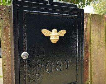 Brass bee Wall Mounted Post Box | Mail Box with Bee Design | Black and Gold Lockable Post Box with 2 Sets of Keys- Brass bee