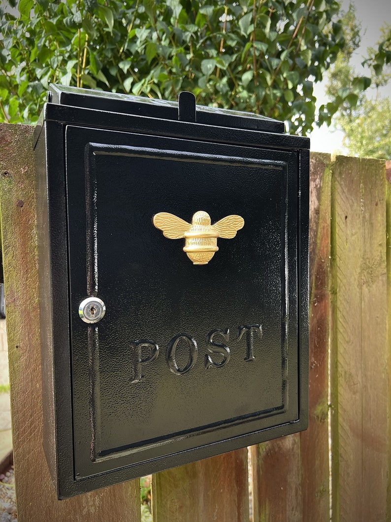Brass bee Wall Mounted Post Box Mail Box with Bee Design Black and Gold Lockable Post Box with 2 Sets of Keys Brass bee image 1