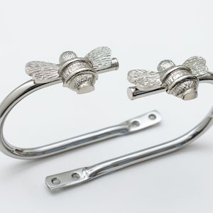 2 Silver Bee Curtain Holdbacks | Brass bee Curtain Tie Backs | Bumblebee Accessories | Bee hooks