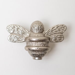 Silver Satin Bumble Bee Drawer Knob | Solid Brass Bee Cabinet Handle