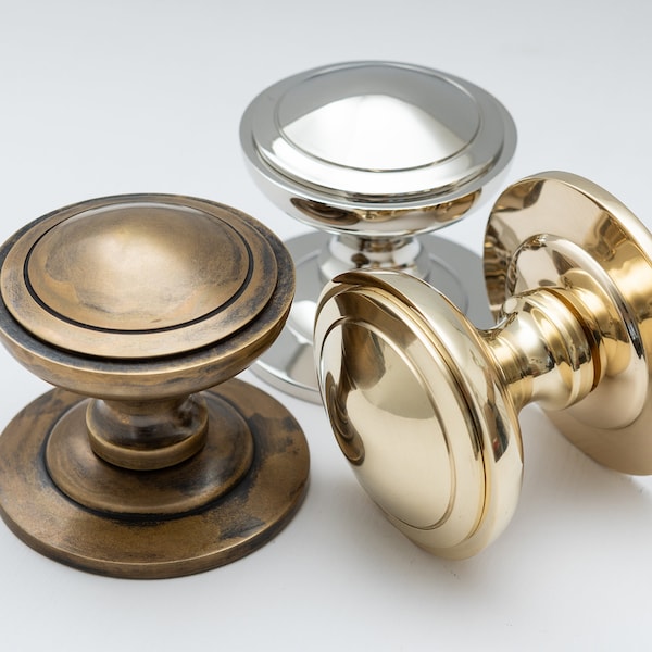 Solid Brass Centre Door Knob | centre door knob pull handle on rose center door knob in antique brass, Nickel and polished brass