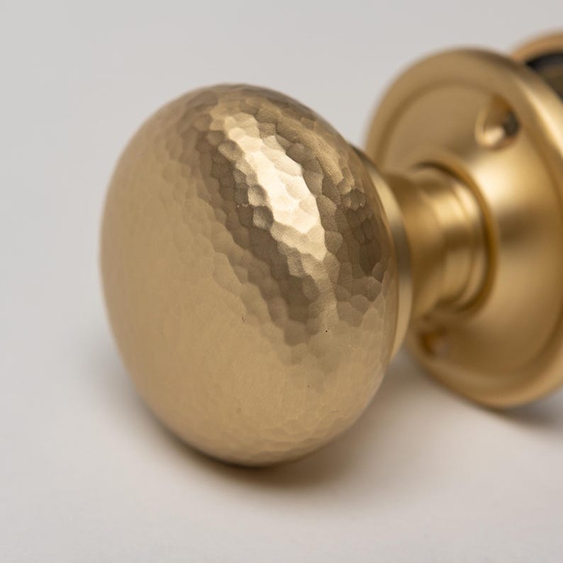 Set of 2 Solid Brass Door Knobs - Hammered Satin Brass | Brass and Mortice Rim Lock Handles | Sold as Pair Brass Door Knobs Brass bee