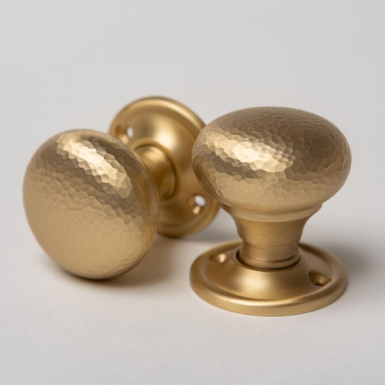 Set of 2 Solid Brass Door Knobs - Hammered Satin Brass | Brass and Mortice Rim Lock Handles | Sold as Pair Brass Door Knobs Brass bee