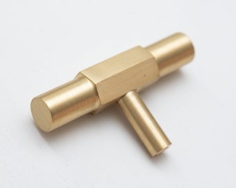 Solid Brass Hexagonal Kitchen T-Bar | Satin Brass Cabinet Handle