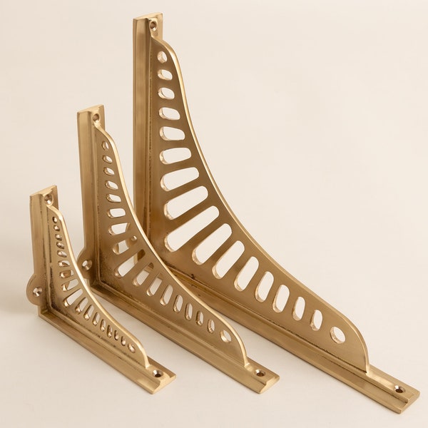 Satin Brass Sunrise Shelf Brackets | Heavy Duty Brackets for Kitchen bookshelf | Brass Shelving Heavy Solid Cast Brass Shelf Bracket